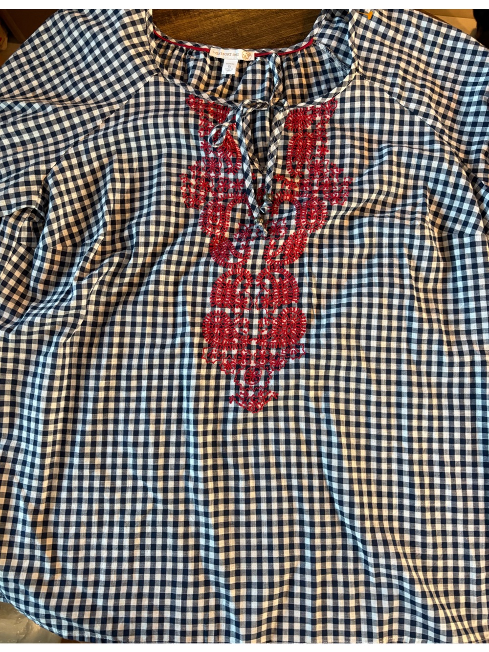 Westport Navy and White Gingham Blouse with Red Embroidered Yoke